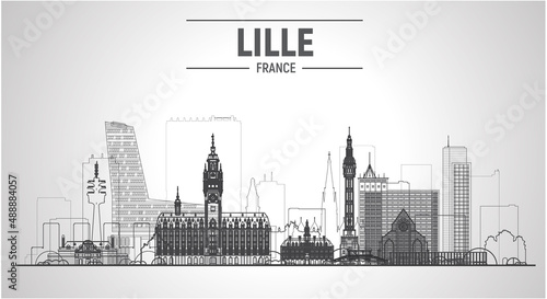Lille   France   line city. Stroke vector illustration with the most famous buildings. Business travel and tourism concept with modern buildings. Image for banner or website