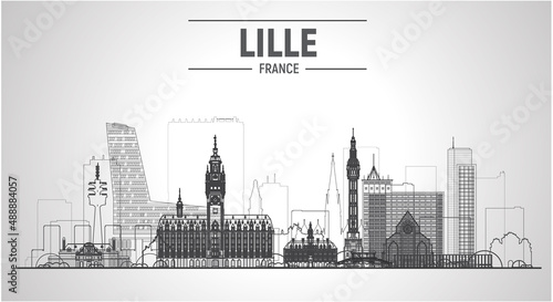 Lille ( France ) line city. Stroke vector illustration with the most famous buildings. Business travel and tourism concept with modern buildings. Image for banner or website