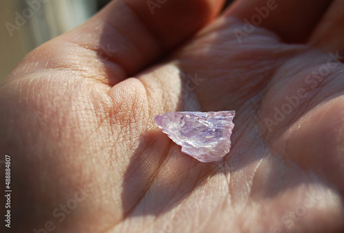 Raw kunzite crystal in human hand. Woman holds pink (purple) spodumene mineral for lithotherapy, heart and crown chakras. photo