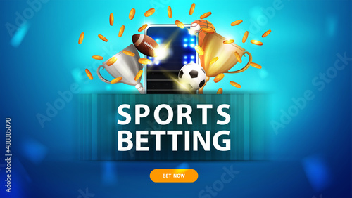 Sports betting, blue banner with button, smartphone, champion cups, falling gold coins and sport balls