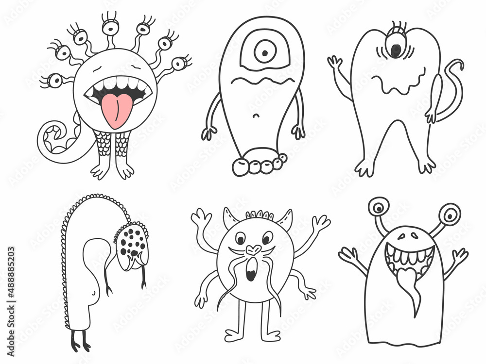 Vecteur Stock Doodle monsters set. Vector illustration of cute hand drawn  monster characters. Comic monster skeich character | Adobe Stock