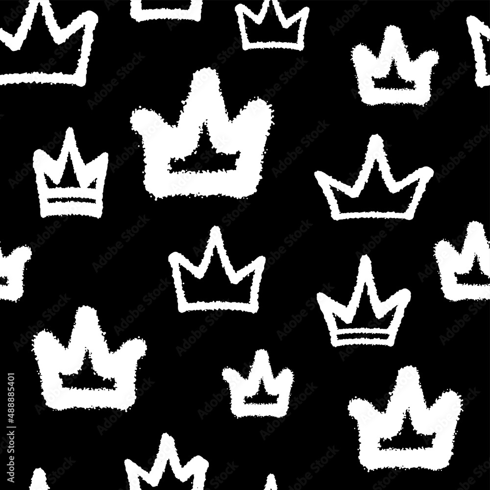 White ink crowns isolated on black background. Monochrome royal seamless pattern. Vector simple flat graphic hand drawn illustration. Texture.