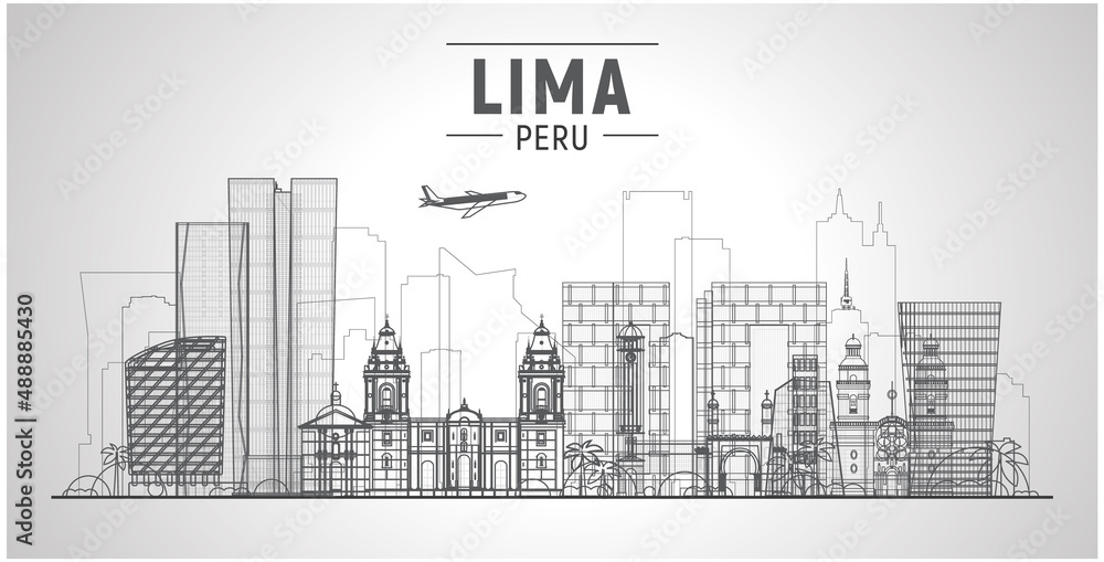Lima (Peru) skyline with panorama in white background. Vector Illustration. Business travel and tourism concept with modern buildings. Image for presentation, banner, web site.