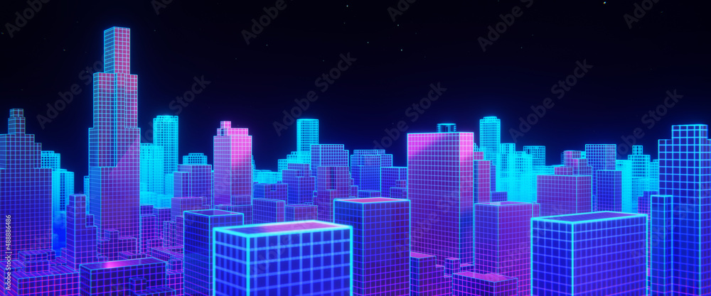 Concept of a virtual city with holographic skyscrapers. 3D rendering