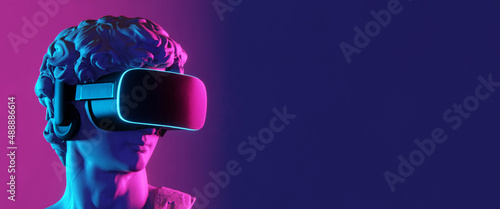 Head of David sporting VR headset. Metaverse concept with copy space. 3D rendering
