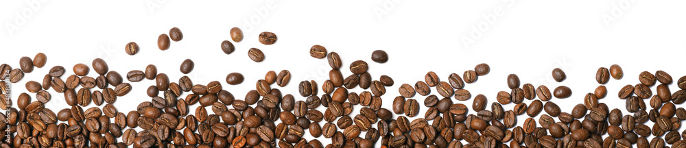 Many roasted coffee beans on white background, top view. Banner design Many roasted coffee beans on white background, top view. Banner design