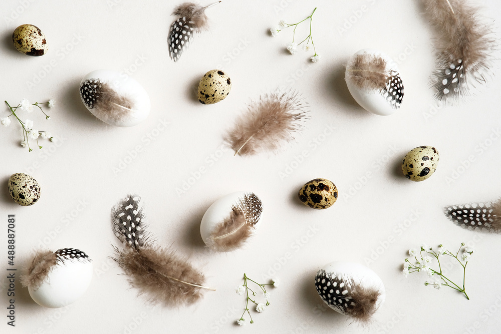 Easter flat lay composition. Easter eggs with feathers on white background. Happy Easter card design Easter flat lay composition. Easter eggs with feathers on white background. Happy Easter card design