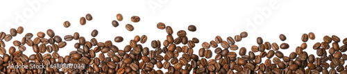 Many roasted coffee beans on white background  top view. Banner design