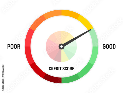 Credit score assessment icon. Speedometer gauge green good and bad credit score rating.