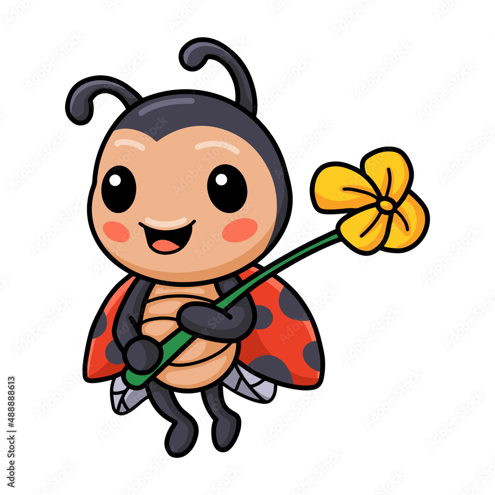 Obraz premium Cute little ladybug cartoon holding flower