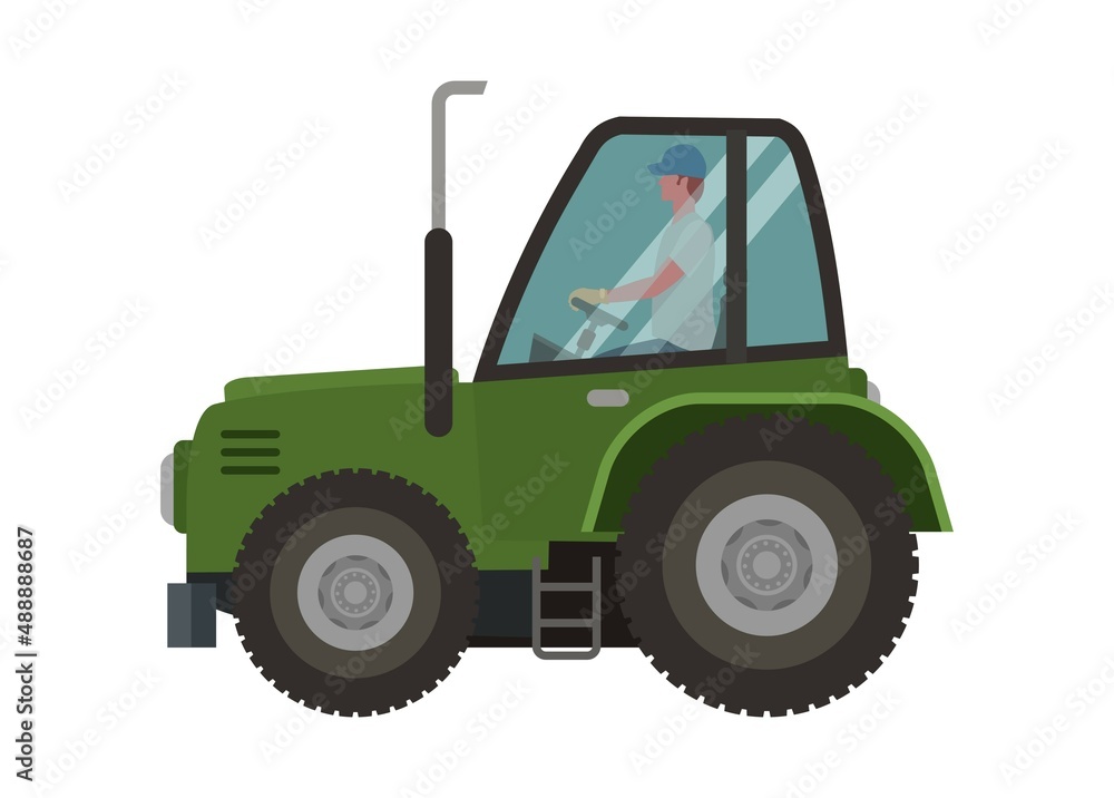 Man driving farming tractor vehicle. Simple flat illustration.