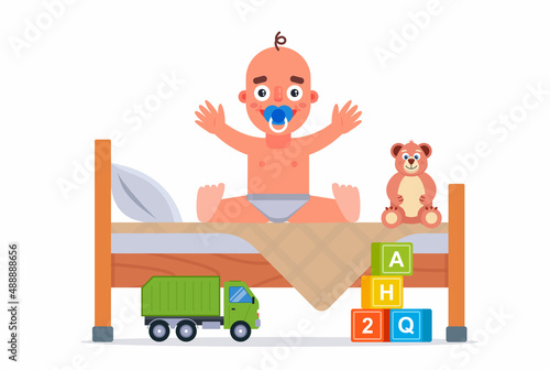child sits on a children bed bedroom for a child. flat vector illustration.