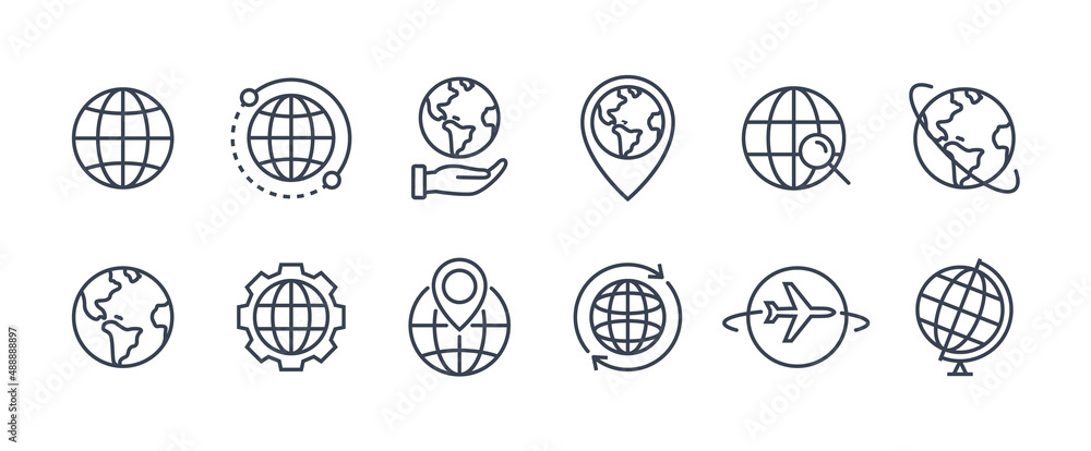 World globe line icon. Vector Earth global country map planet line icon. Travel internet globe set - obrazy, fototapety, plakaty 