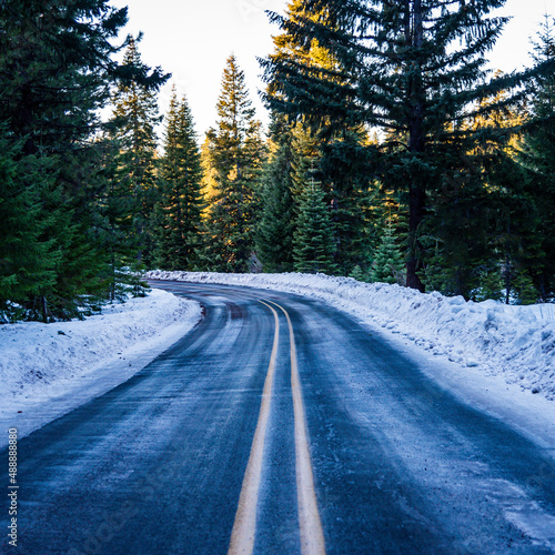 cascade mountain roadway in winter with snow and ice © MyPhotoBuddy