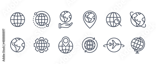 World globe line icon. Vector Earth global country map planet line icon. Travel internet globe set photo