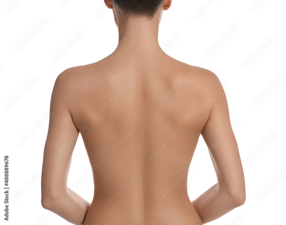 Back view of woman with perfect smooth skin on white background, closeup.  Beauty and body care Stock Photo
