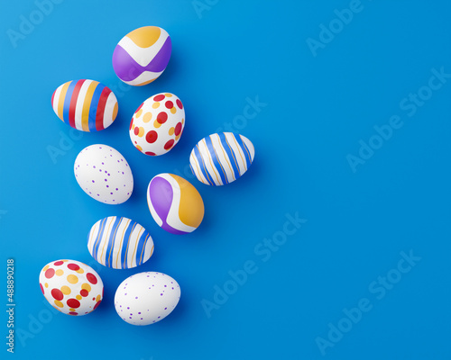 Bunch of colorful eggs on a blue Easter background 3D Rendering. Pile of birght and colorful Easter Eggs - 3d render. Easter concept composition frame border