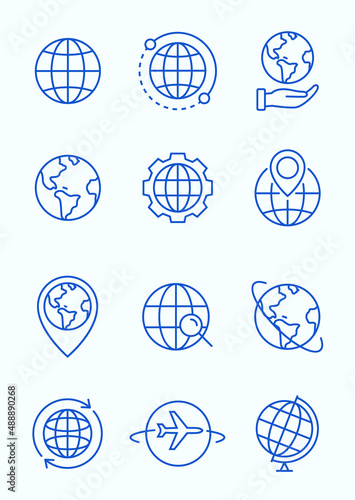 World globe line icon. Vector Earth global country map planet line icon. Travel internet globe set