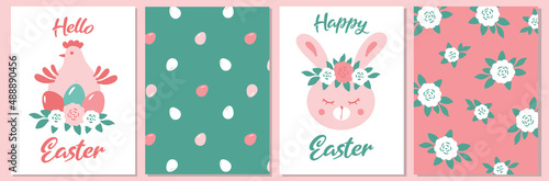 Easter card templates. Text and illustration: bunny, chicken, eggs, flowers. Pastel pink and green colors