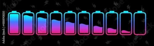 Battery charge levels icon set from full to empty. Vibrant color vector illustration.