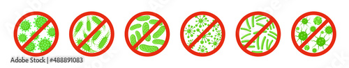 Antibacterial antiviral icon germ. Virus bacteria vector stop symbol. Anti covid sign kill germ icon