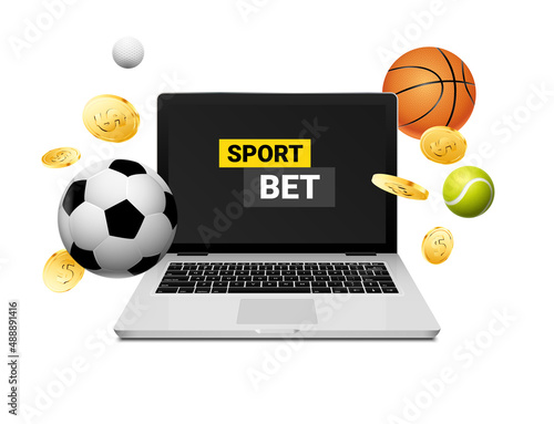 Sport bet money casino illustration laptop. Football basketball sport bet business game vector background