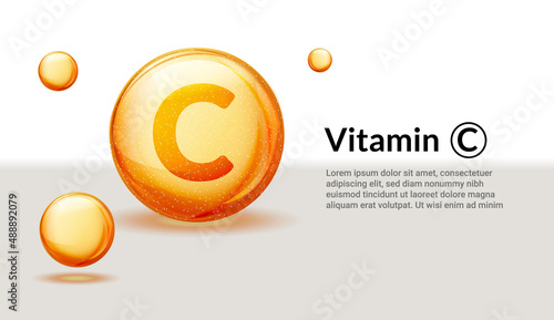 Vitamin C background ascorbic acid 3d orange serum health. Vitamin C vector golden logo photo