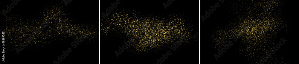 Gold glitter texture set on black background. Golden sparkle confetti vector shine luxury gold glitter