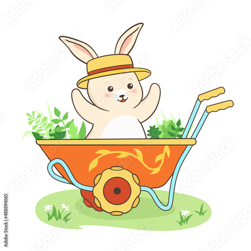 Rabbit in garden cart rustic poster. Bunny childish character in wheelbarrow, hare hat mascot symbol year. Hello spring or summer harvest or sow, farm and gardening wagon cartoon vector illustration