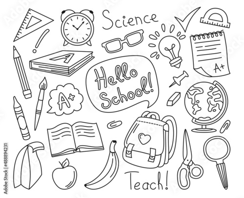 Back to School doodle drawn line set. Learning school supplies kit. Education concept objects for student, scissors backpack, light bulb idea, alarm clock, lunch and globe, pens, brush child vector