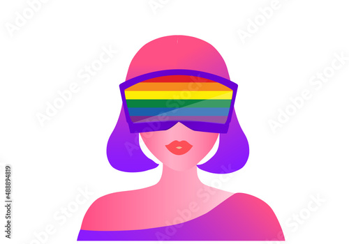 Woman wearing virtual reality goggle glass, having 3d experience in virtual reality  vector illustration. Metaverse and blockchain 3D experience technology concept