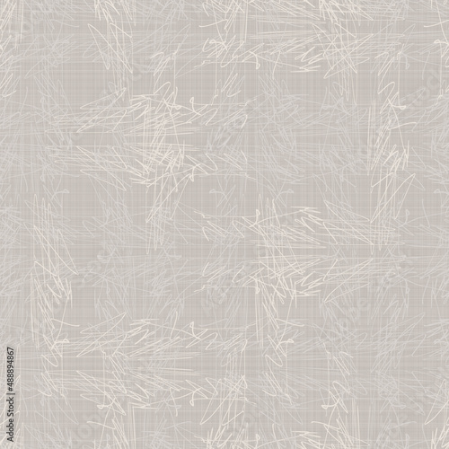  French grey doodle motif linen seamless pattern. Tonal country cottage style abstract scribble motif background. Simple vintage rustic fabric textile effect. Primitive drawing shabby chic cloth.