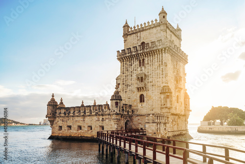 view of Belem tower in lisbon, Portugal at sunset.