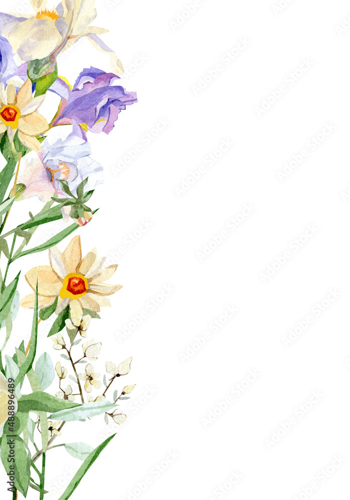 Obraz premium Floral wedding banner watercolor with hand drawn boho flower, rose, wildflowers. Spring elegant garden botanical frame for greeting card, baby shower, bridal shower..