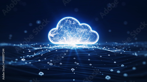 cloud computing technology concept transfer database to cloud. There is a prominent large cloud icon in the center and a small white icon on the connected polygons with a dark blue background. photo