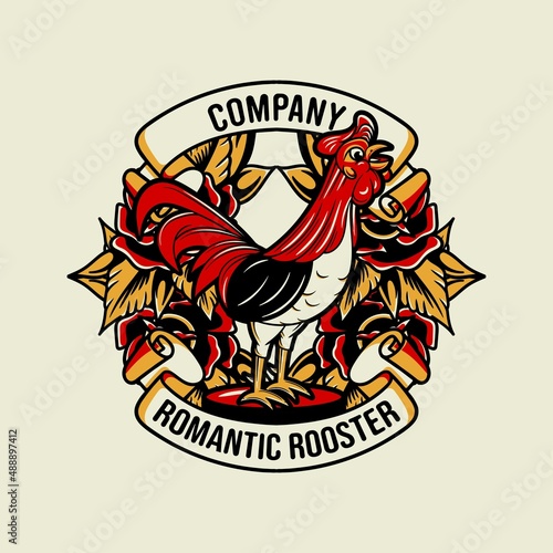 Vector illustration rooster and flowers badge mascot logo vintage traditional