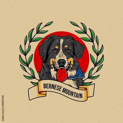 Illustration of vintage vector bernese dog with leaf frames and ribbons