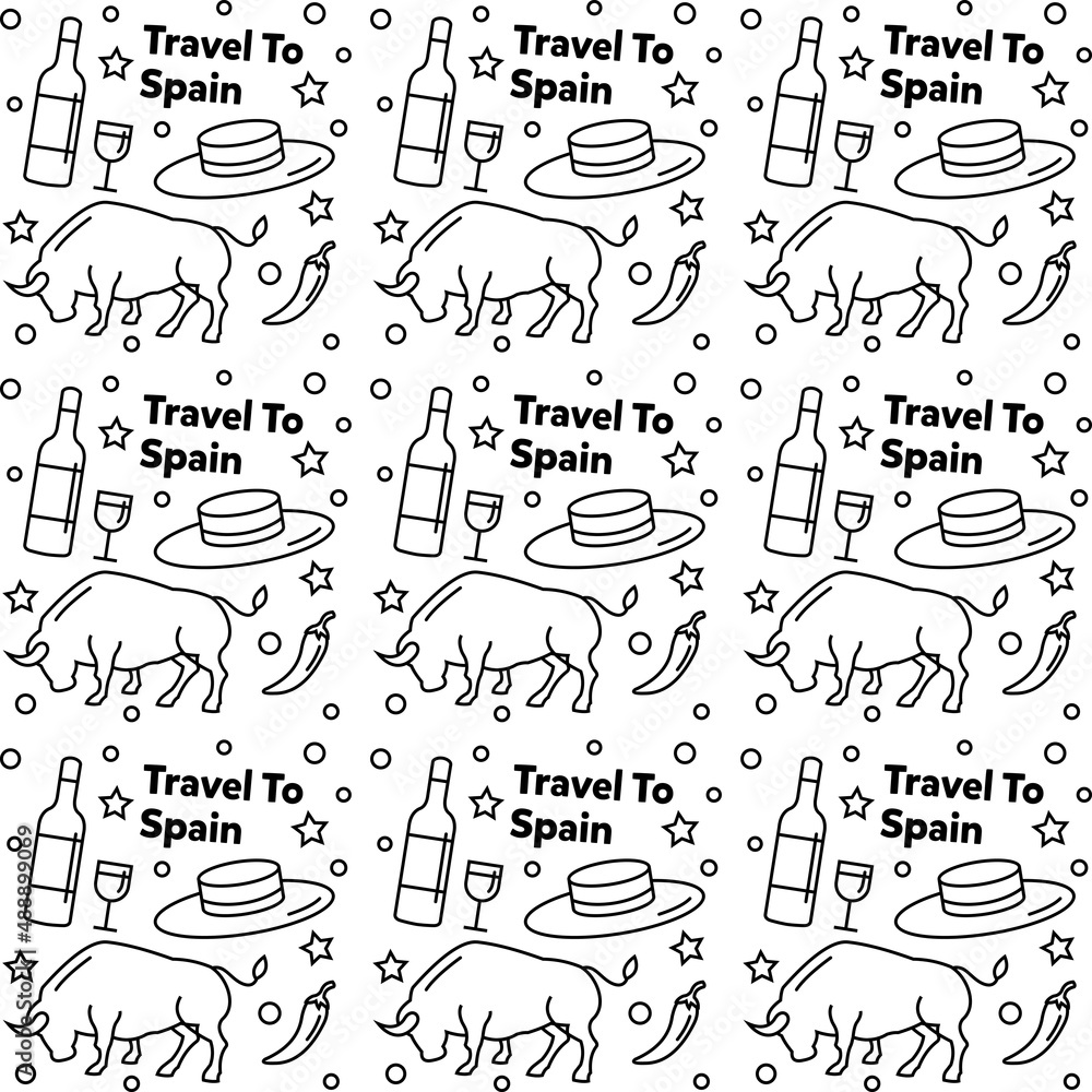 Travel to Spain doodle seamless pattern vector design. Map, bull, flag, guitar are identic with Spain. Travel to Spain doodle seamless pattern vector design. Map, bull, flag, guitar are identic with Spain.