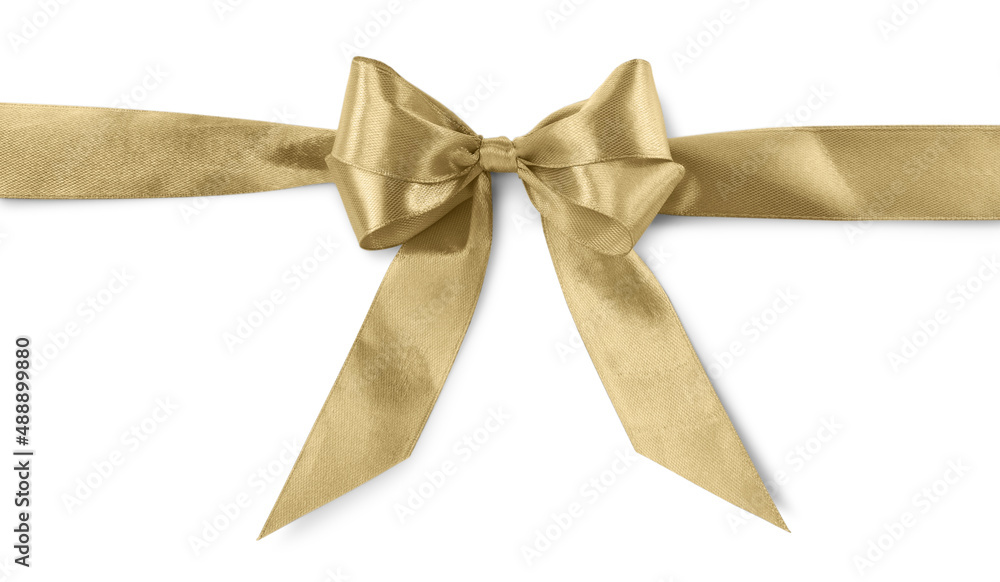 Golden satin ribbon with bow on white background, top view Golden satin ribbon with bow on white background, top view