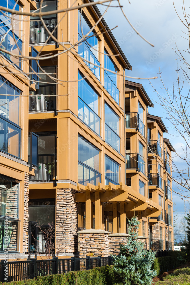 Brand new apartment building in BC, Canada. Architectural details of modern apartment building