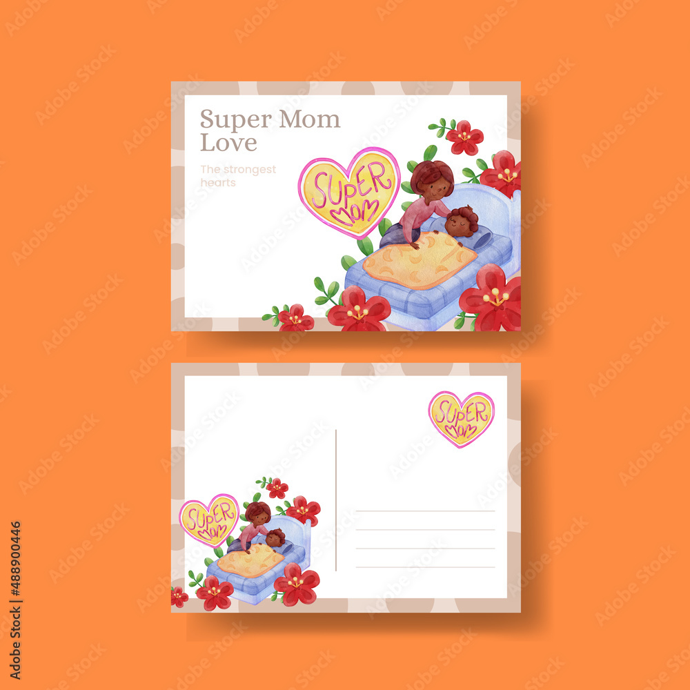 Postcard template with love supermom concept,watercolor style