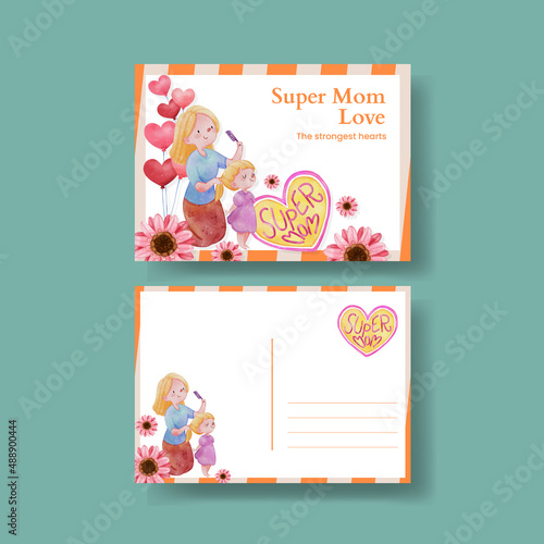 Postcard template with love supermom concept,watercolor style