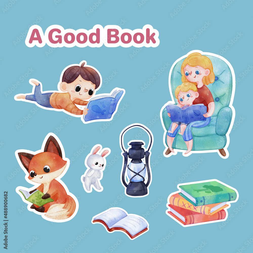 Fototapeta premium Sticker template with world book day concept,watercolor style
