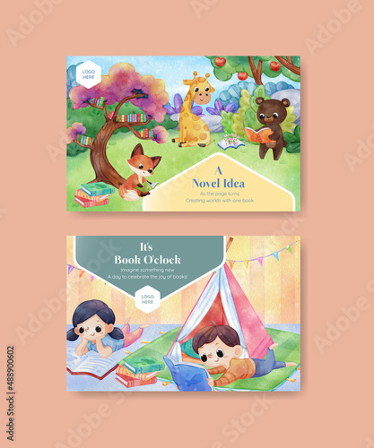 Facebook template with world book day concept,watercolor style