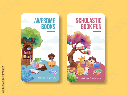 Instagram template with world book day concept,watercolor style