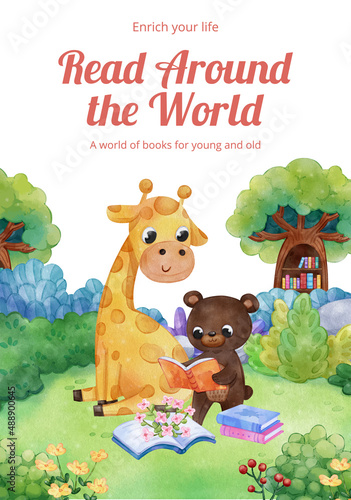 Poster template with world book day concept,watercolor style