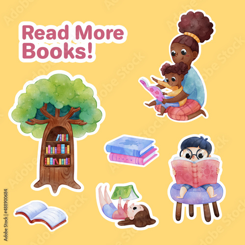 Sticker template with world book day concept,watercolor style