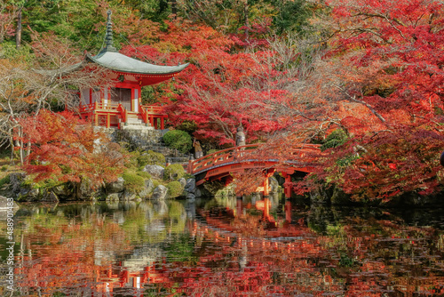 秋の京都、醍醐寺の弁天堂と紅葉が池に映る風景