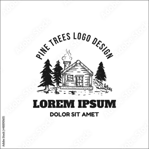 Wood cabin at pine trees forest illustration in hand drawing style