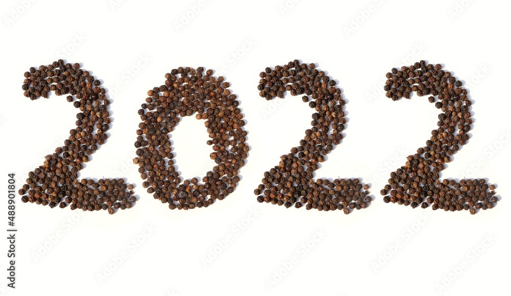 2022 Written With Dry Black Pepper on White Background, Conceptual Photo of Happy New Year 2022 2022 Written With Dry Black Pepper on White Background, Conceptual Photo of Happy New Year 2022